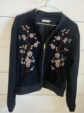 Blu Pepper Black Embroidered Floral & Bird Bomber Jacket